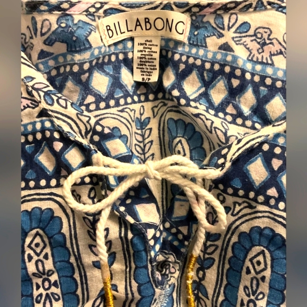 Billabong Pretty Boho Long Sleeve Mini Dress In Blue & White*Sale - Picture 2 of 4